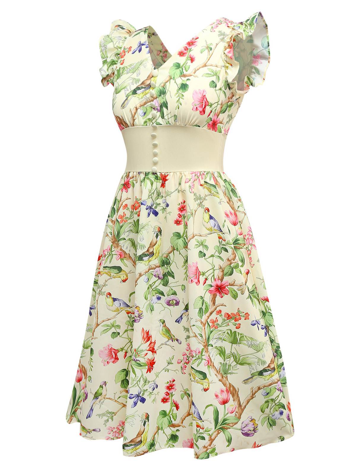 Yellow 1950s Floral Birds Ruffled Flutter Sleeve Dress - Image 3