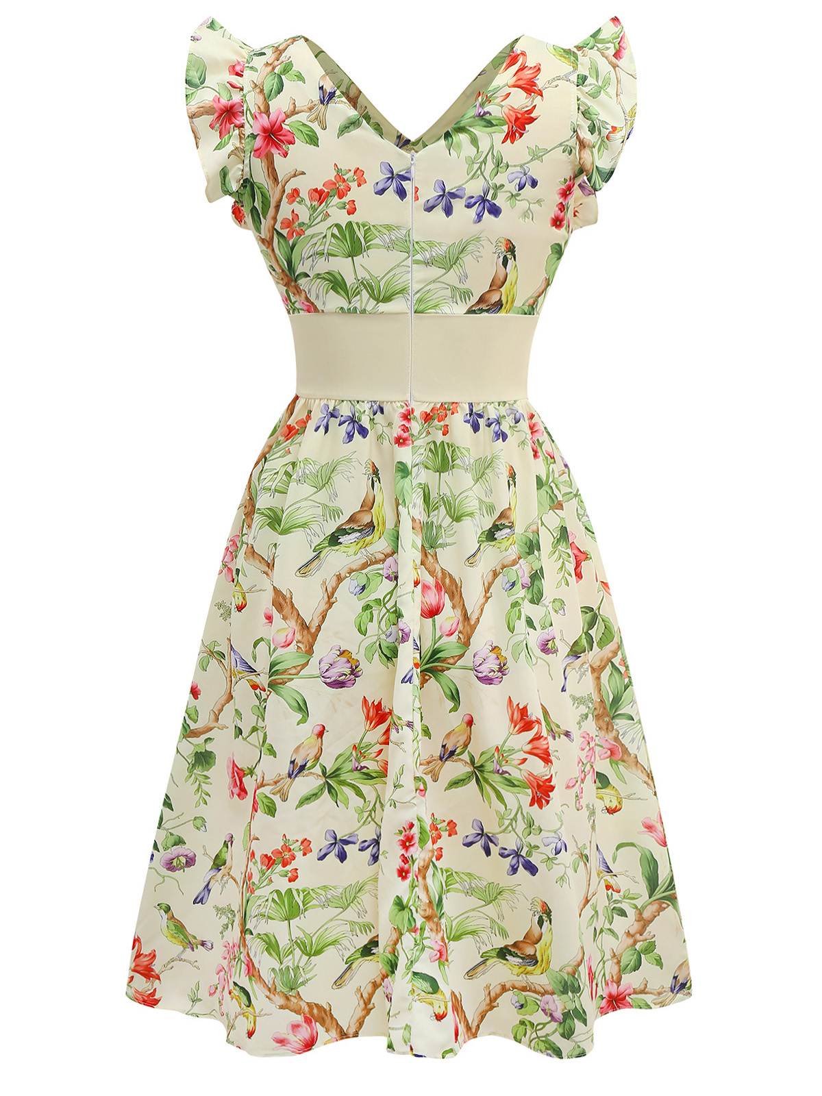 Yellow 1950s Floral Birds Ruffled Flutter Sleeve Dress - Image 4