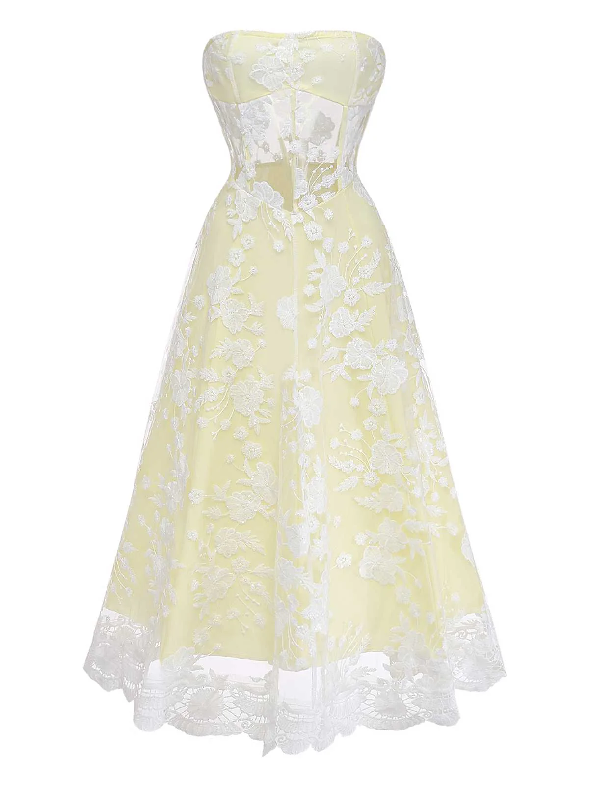 Yellow 1950s Floral Embroidery Lace Sheer Strapless Dress - Image 2