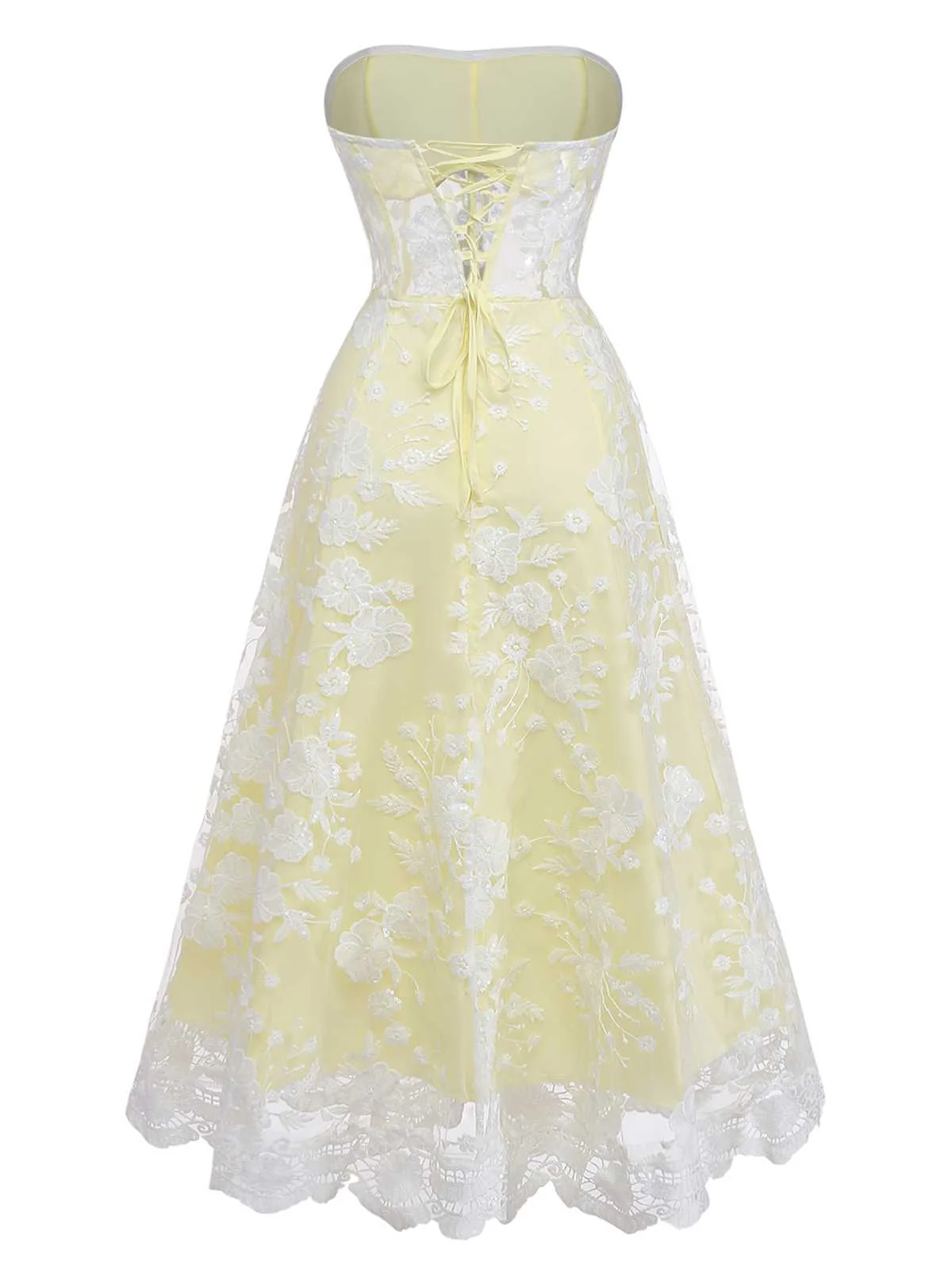 Yellow 1950s Floral Embroidery Lace Sheer Strapless Dress - Image 3