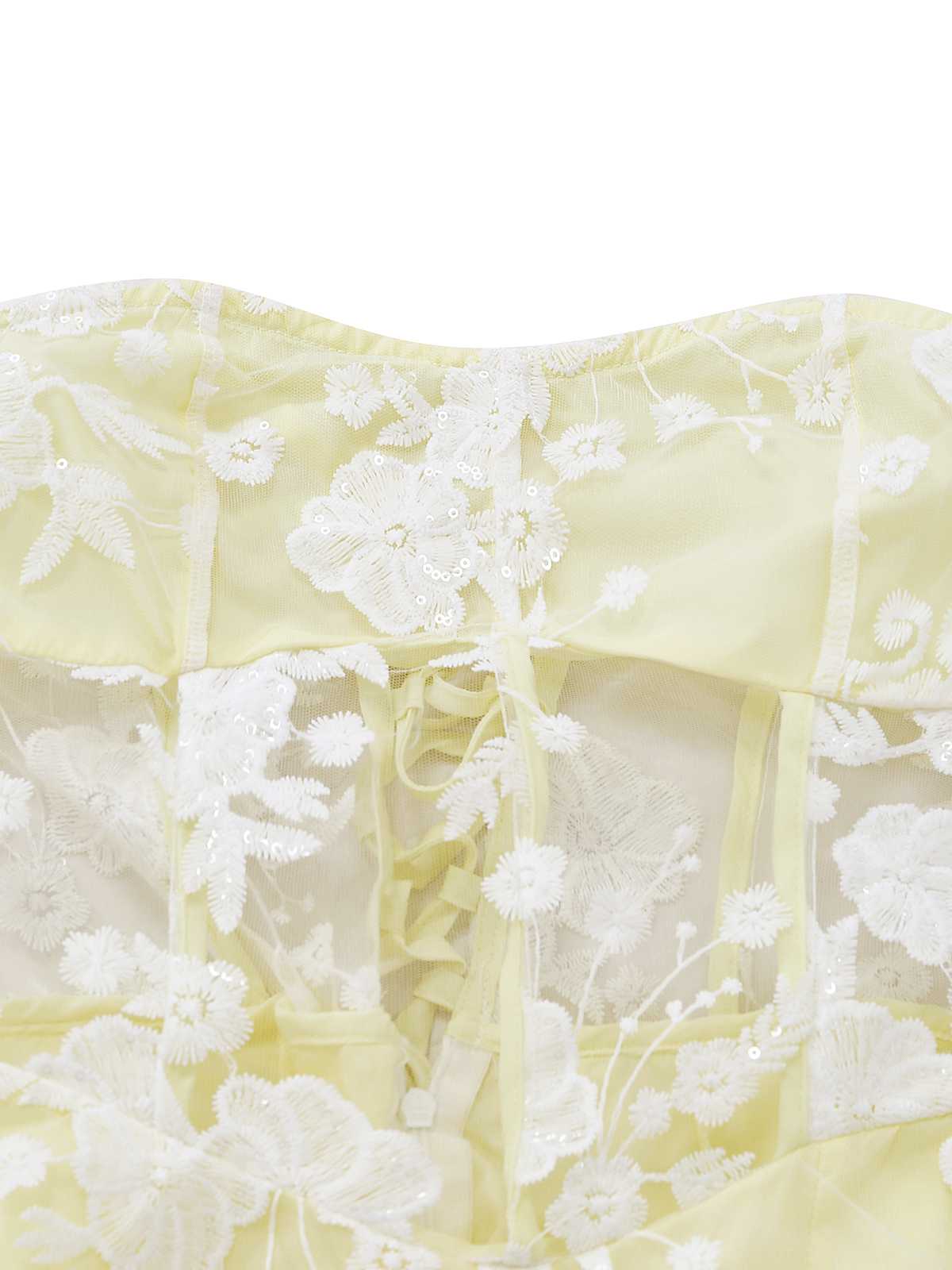 Yellow 1950s Floral Embroidery Lace Sheer Strapless Dress - Image 4