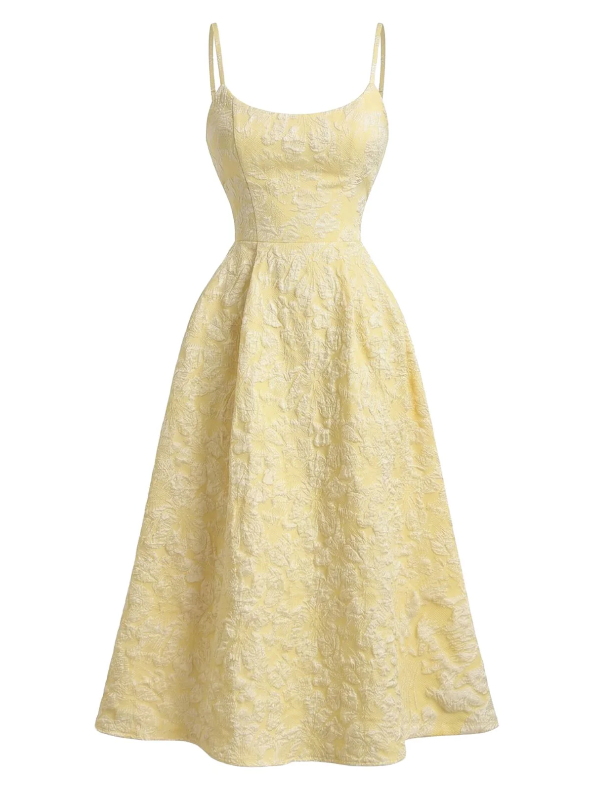Yellow 1950s Floral Jacquard Textured Spaghetti Strap Midi Dress - Image 2