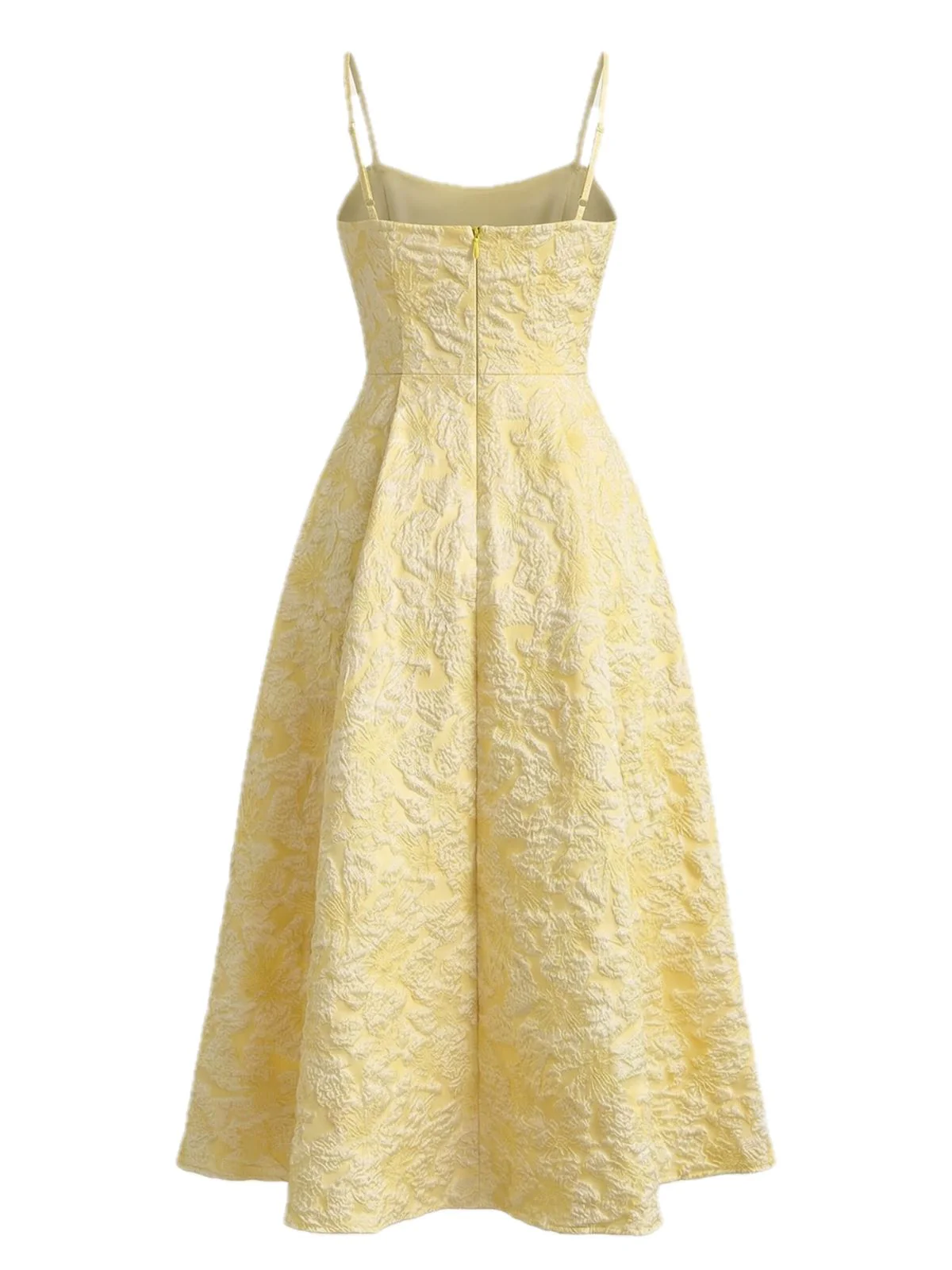 Yellow 1950s Floral Jacquard Textured Spaghetti Strap Midi Dress - Image 3