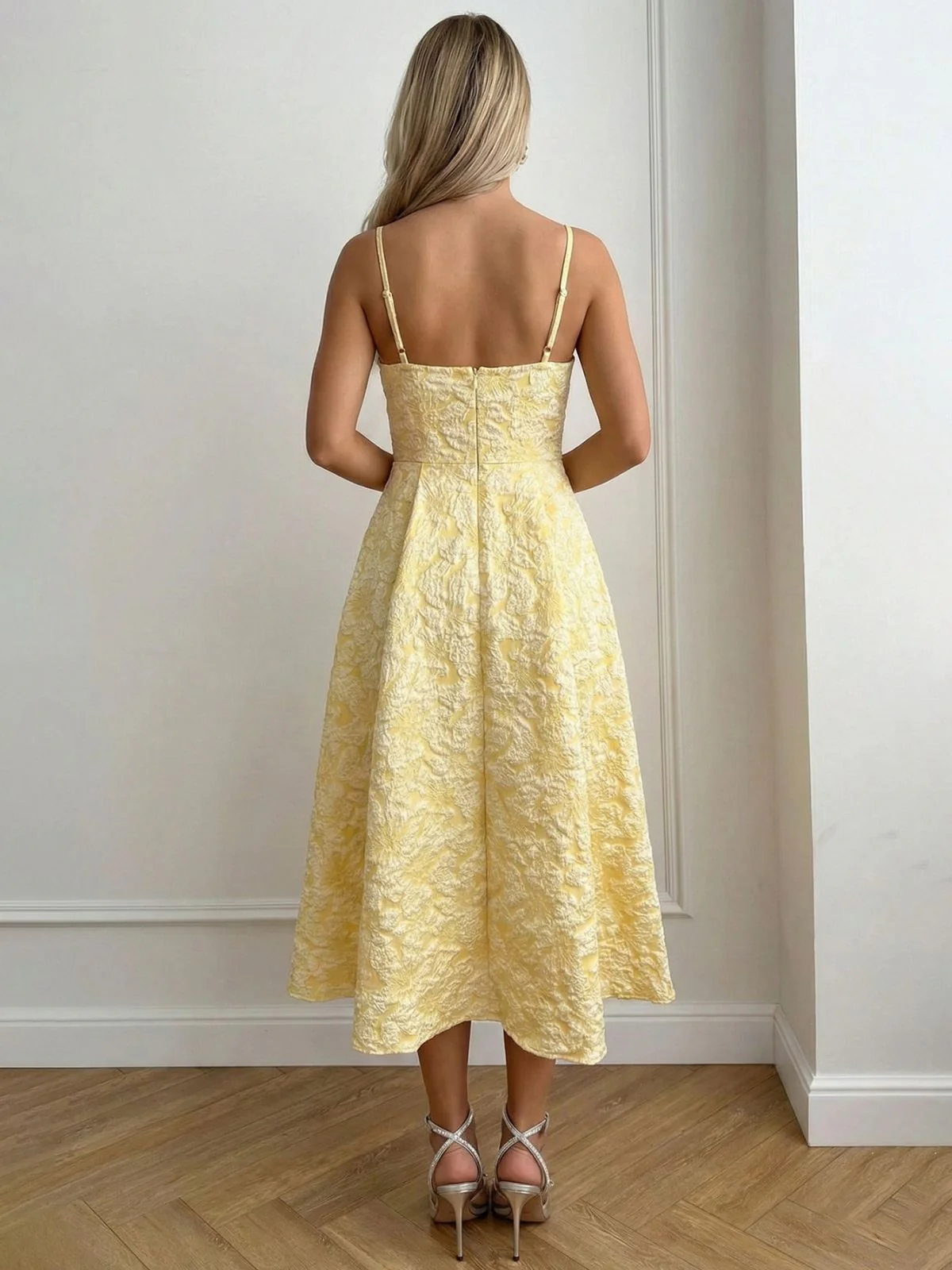 Yellow 1950s Floral Jacquard Textured Spaghetti Strap Midi Dress - Image 4