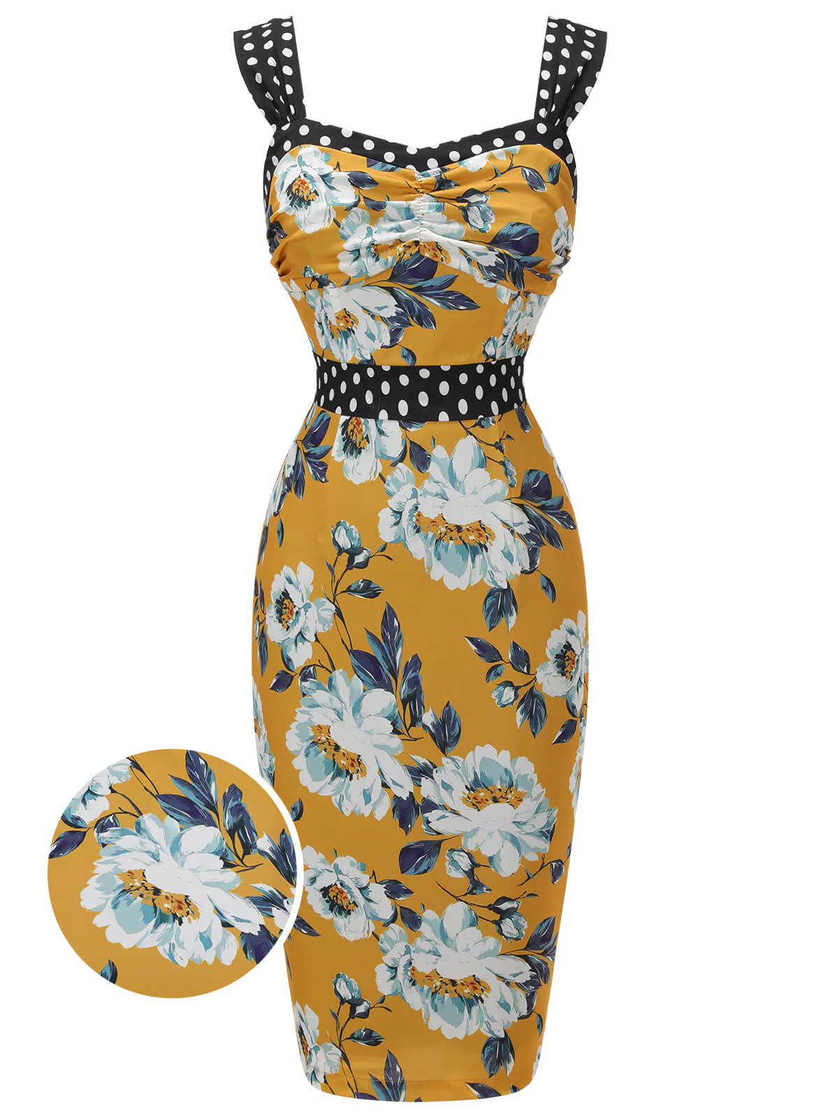 Yellow 1960s Florale Dots Patchwork Pencil Dress - Image 2