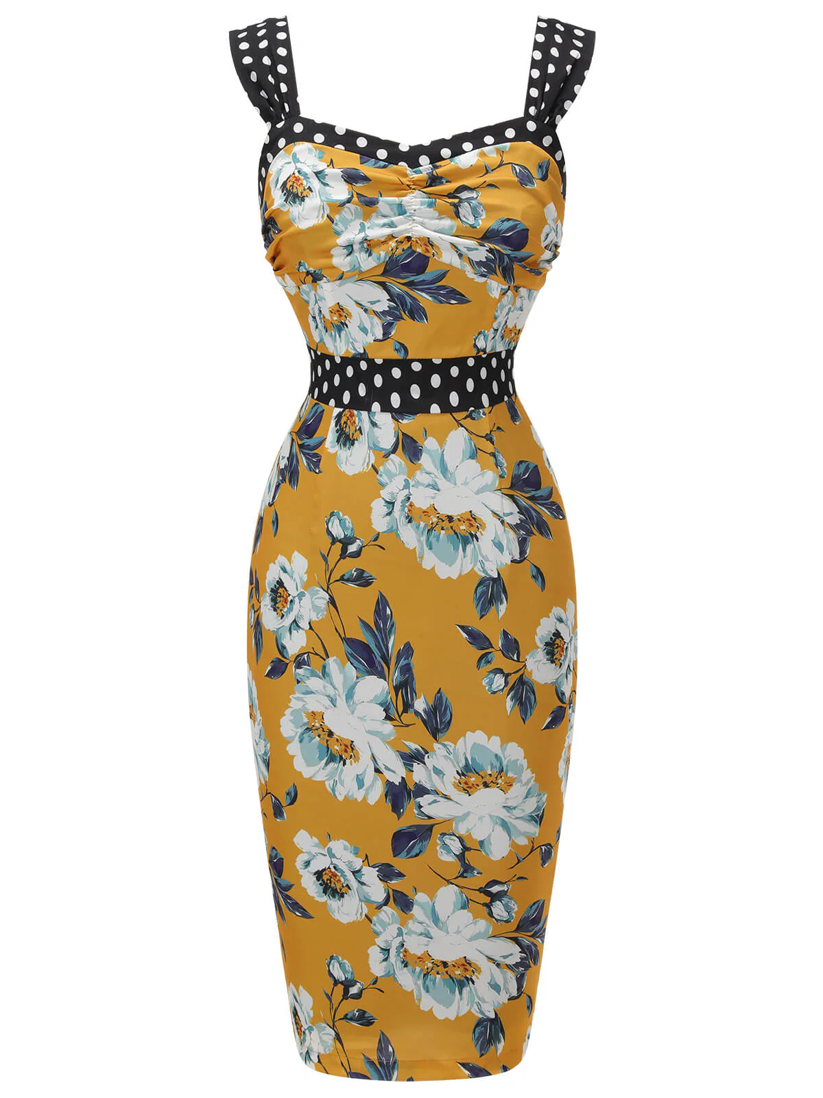 Yellow 1960s Florale Dots Patchwork Pencil Dress - Image 3