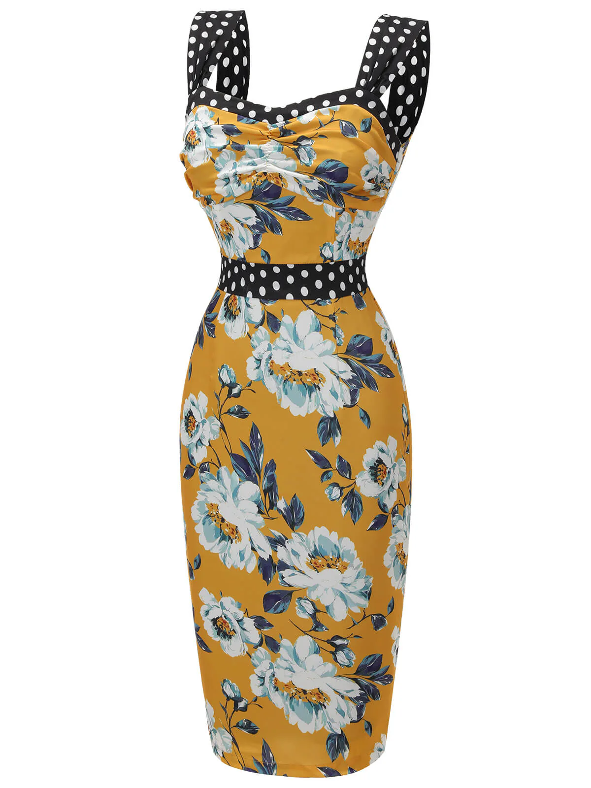 Yellow 1960s Florale Dots Patchwork Pencil Dress - Image 4