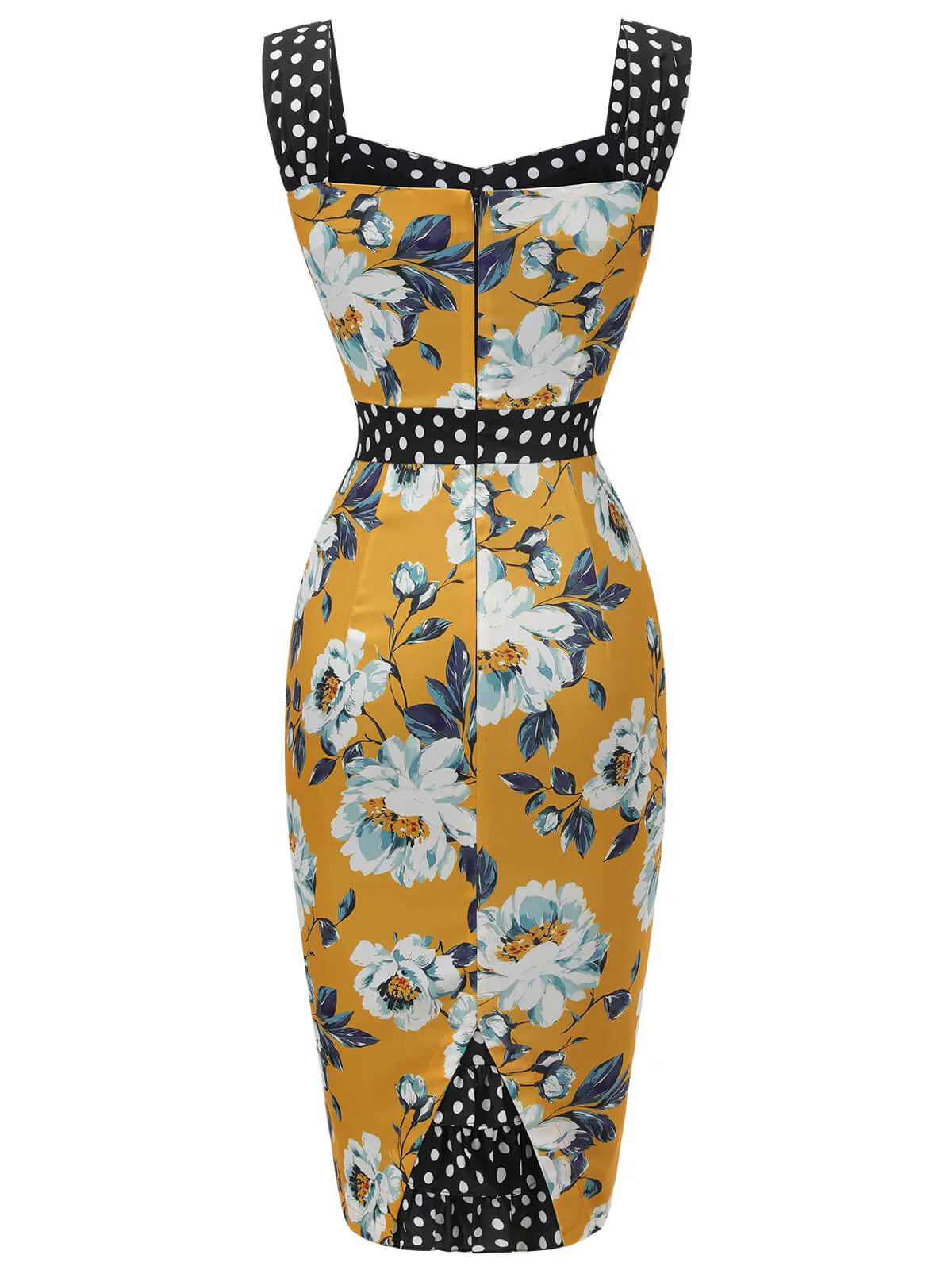 Yellow 1960s Florale Dots Patchwork Pencil Dress - Image 5