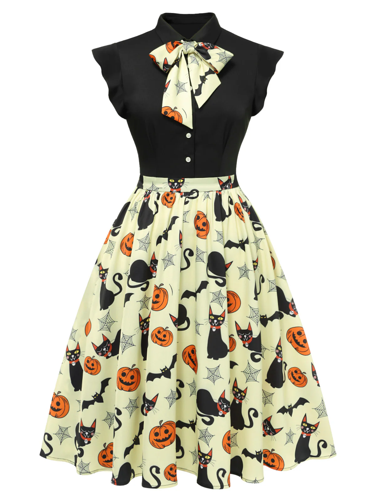 Yellow 1950s Halloween Bow Lapel Dress - Image 2