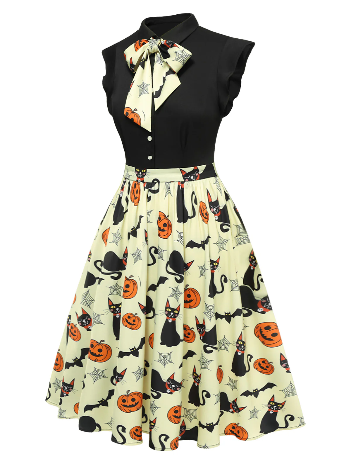 Yellow 1950s Halloween Bow Lapel Dress - Image 3