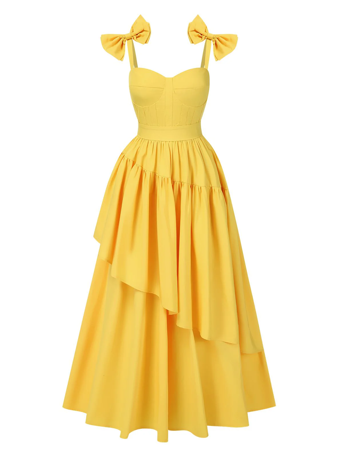 Yellow 1950s Heart Neck Bow-Strap Tiered Dress - Image 2