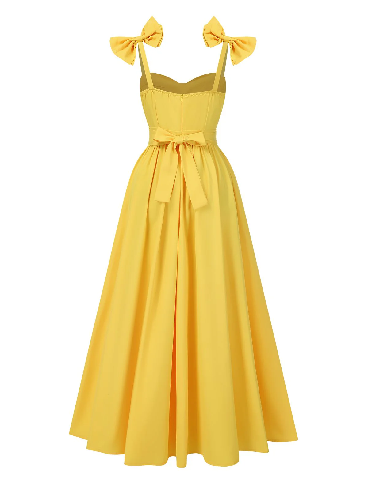 Yellow 1950s Heart Neck Bow-Strap Tiered Dress - Image 3
