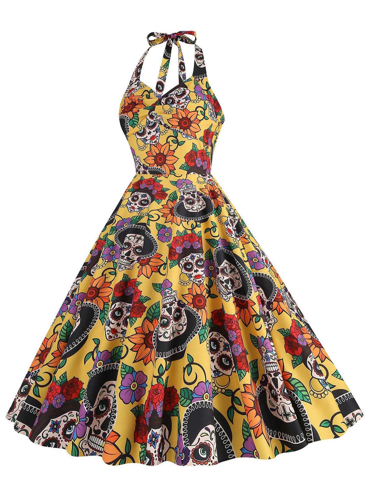 Yellow 1950s Hippie Skull Bow Halter Swing Dress - Image 2