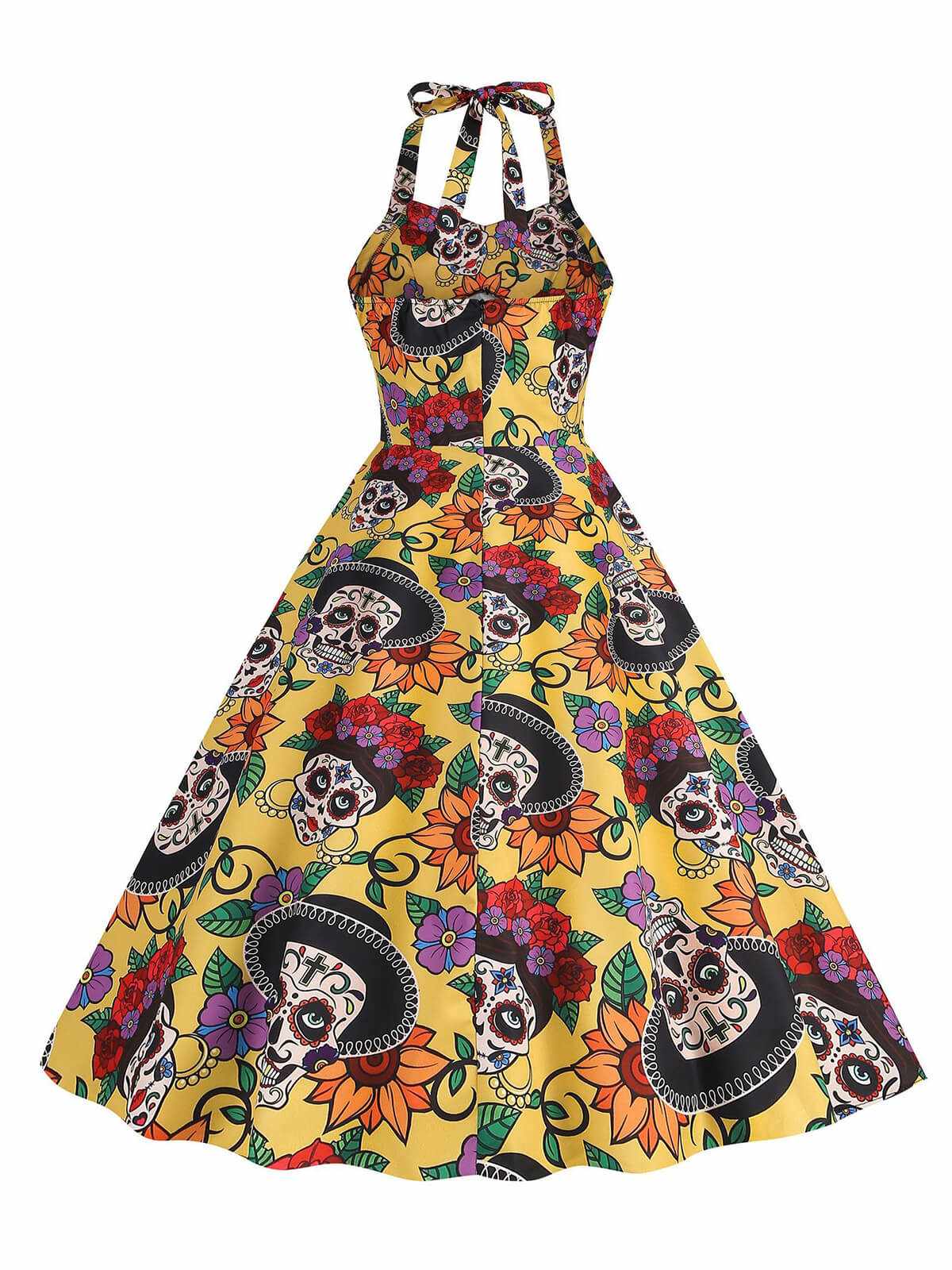 Yellow 1950s Hippie Skull Bow Halter Swing Dress - Image 3