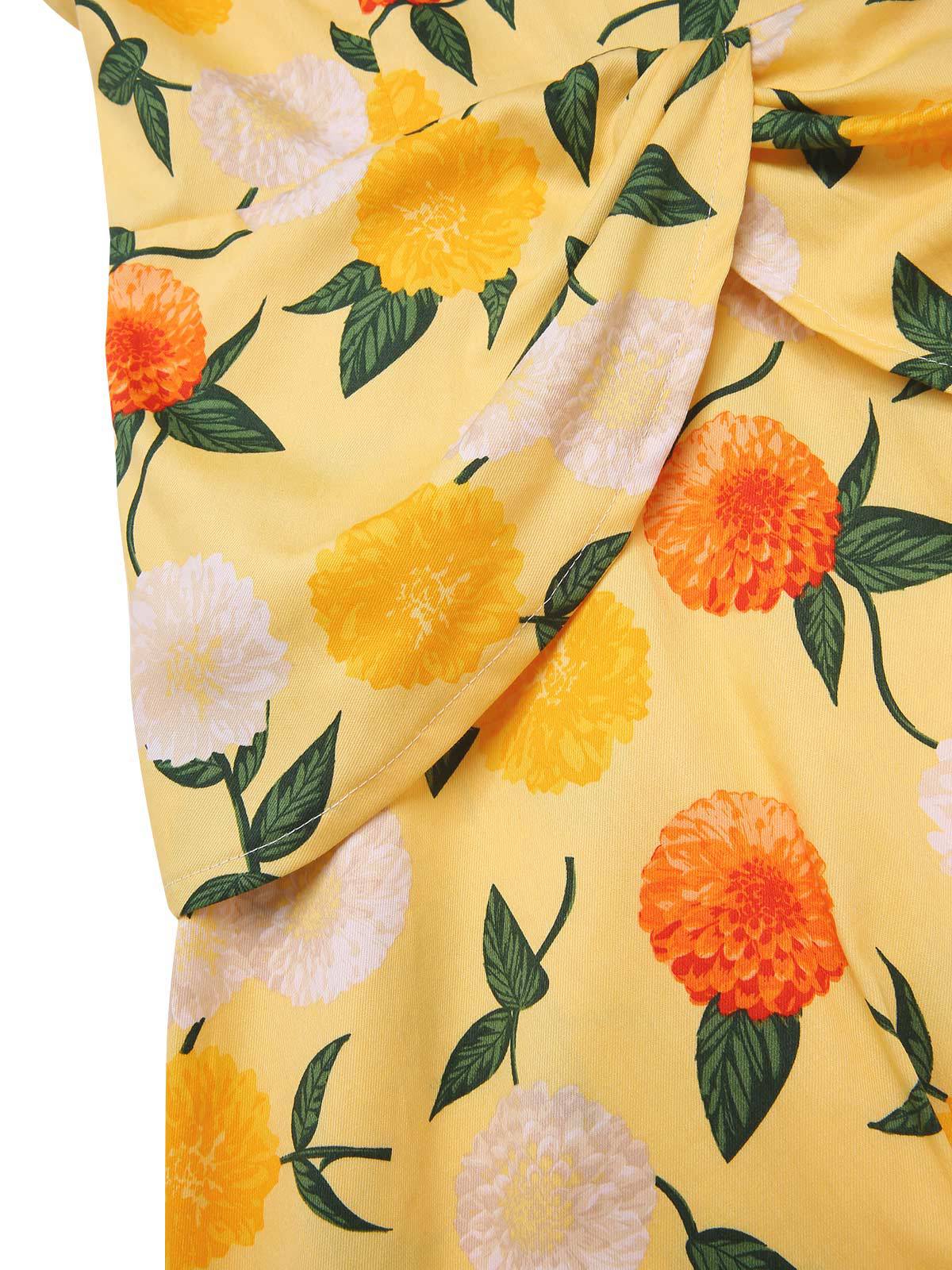 Yellow 1950s Hydrangea Floral Ruched Dress - Image 8