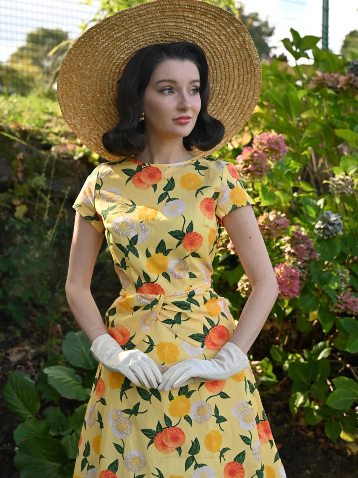 Yellow 1950s Hydrangea Floral Ruched Dress - Image 3