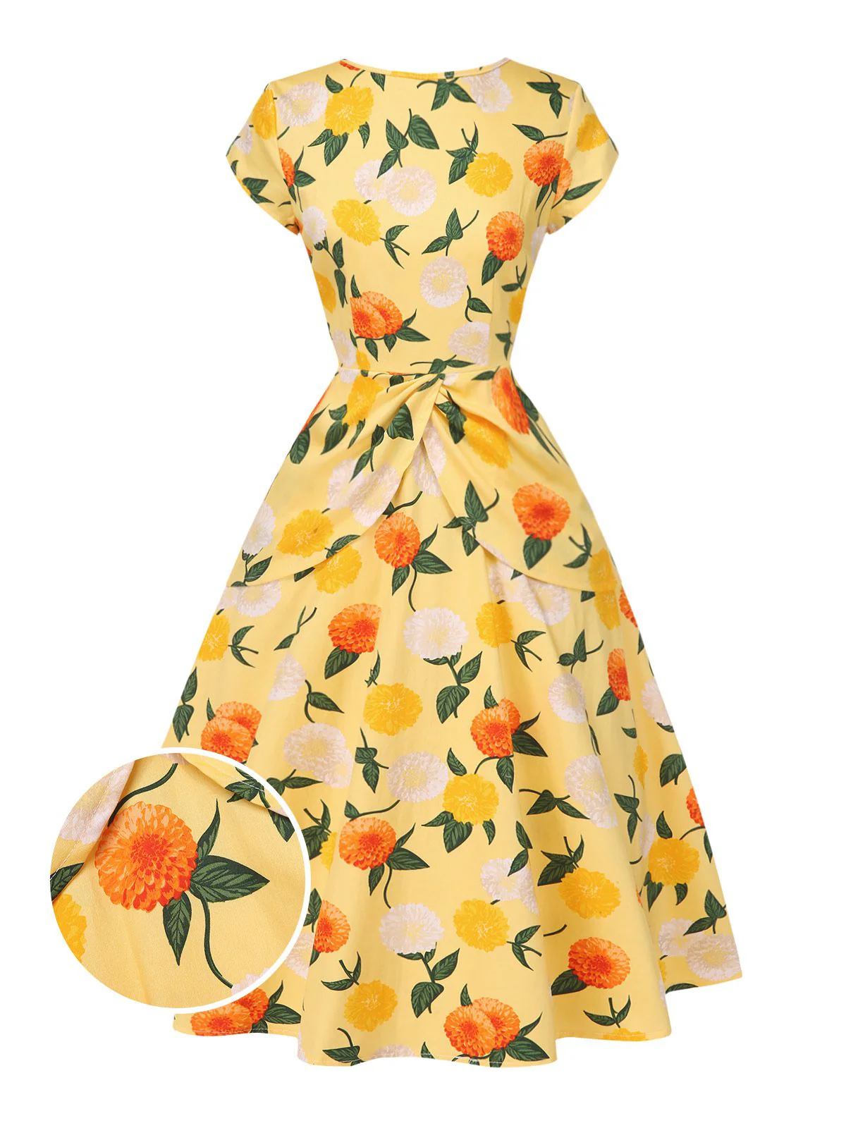 Yellow 1950s Hydrangea Floral Ruched Dress - Image 2