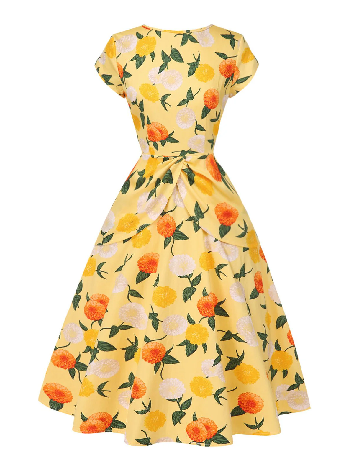 Yellow 1950s Hydrangea Floral Ruched Dress - Image 3