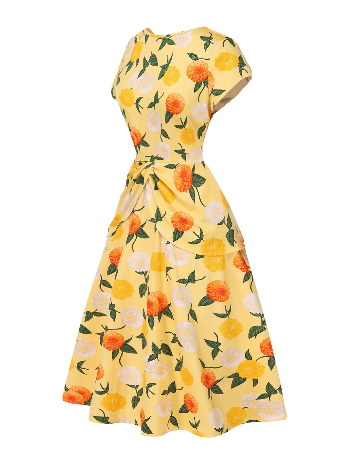 Yellow 1950s Hydrangea Floral Ruched Dress - Image 4