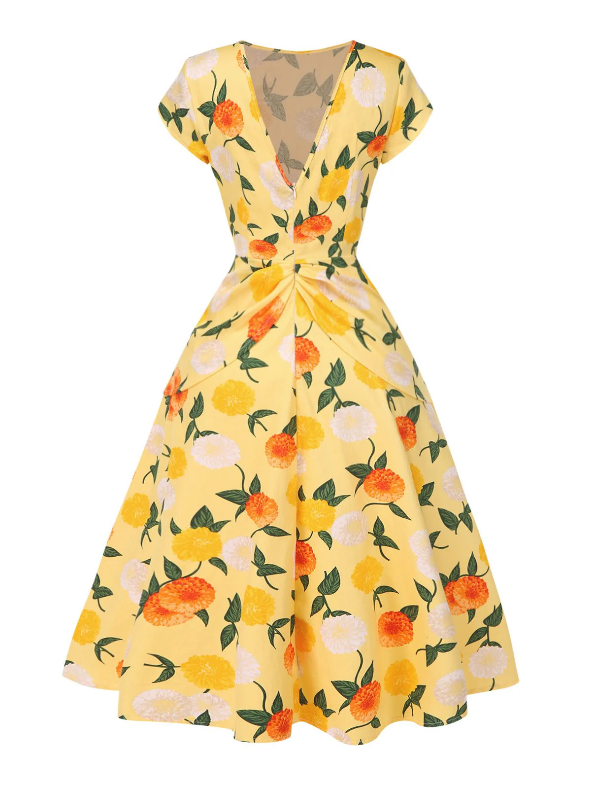 Yellow 1950s Hydrangea Floral Ruched Dress - Image 5