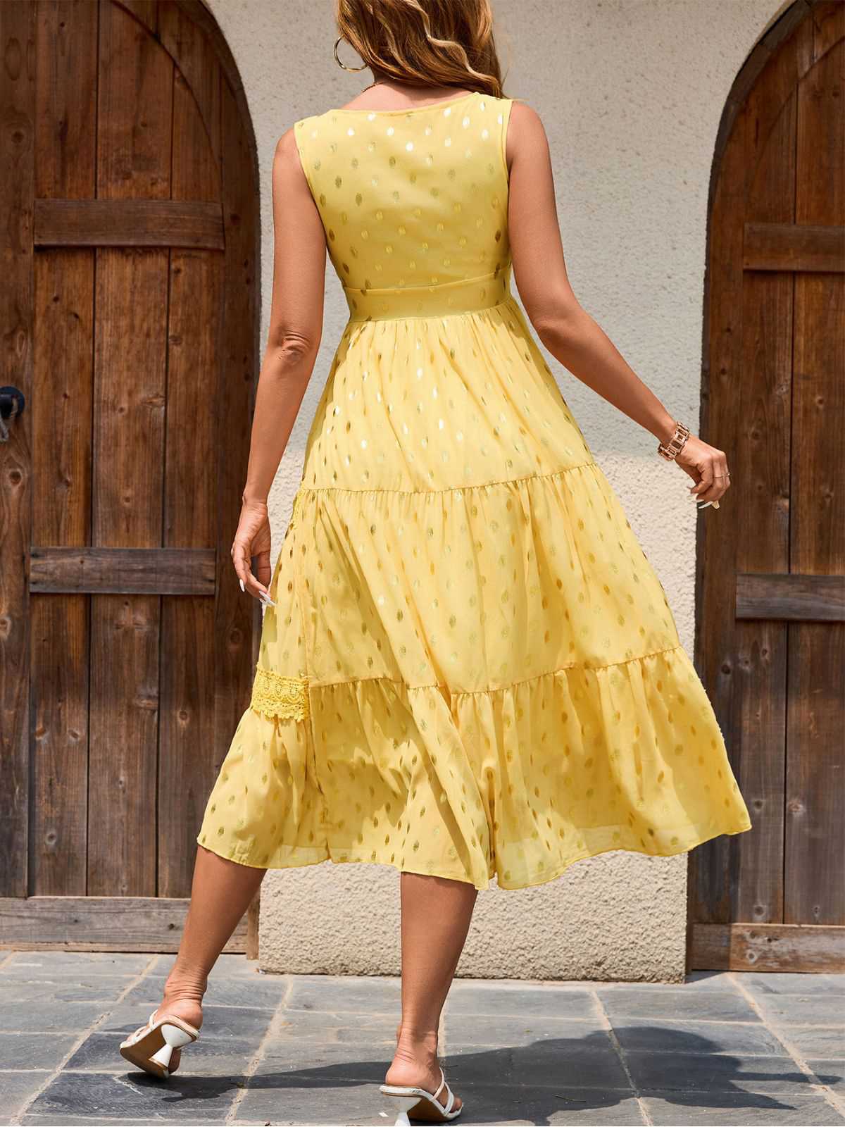 Yellow 1950s Lace Patchwork Polka Dots Dress - Image 3