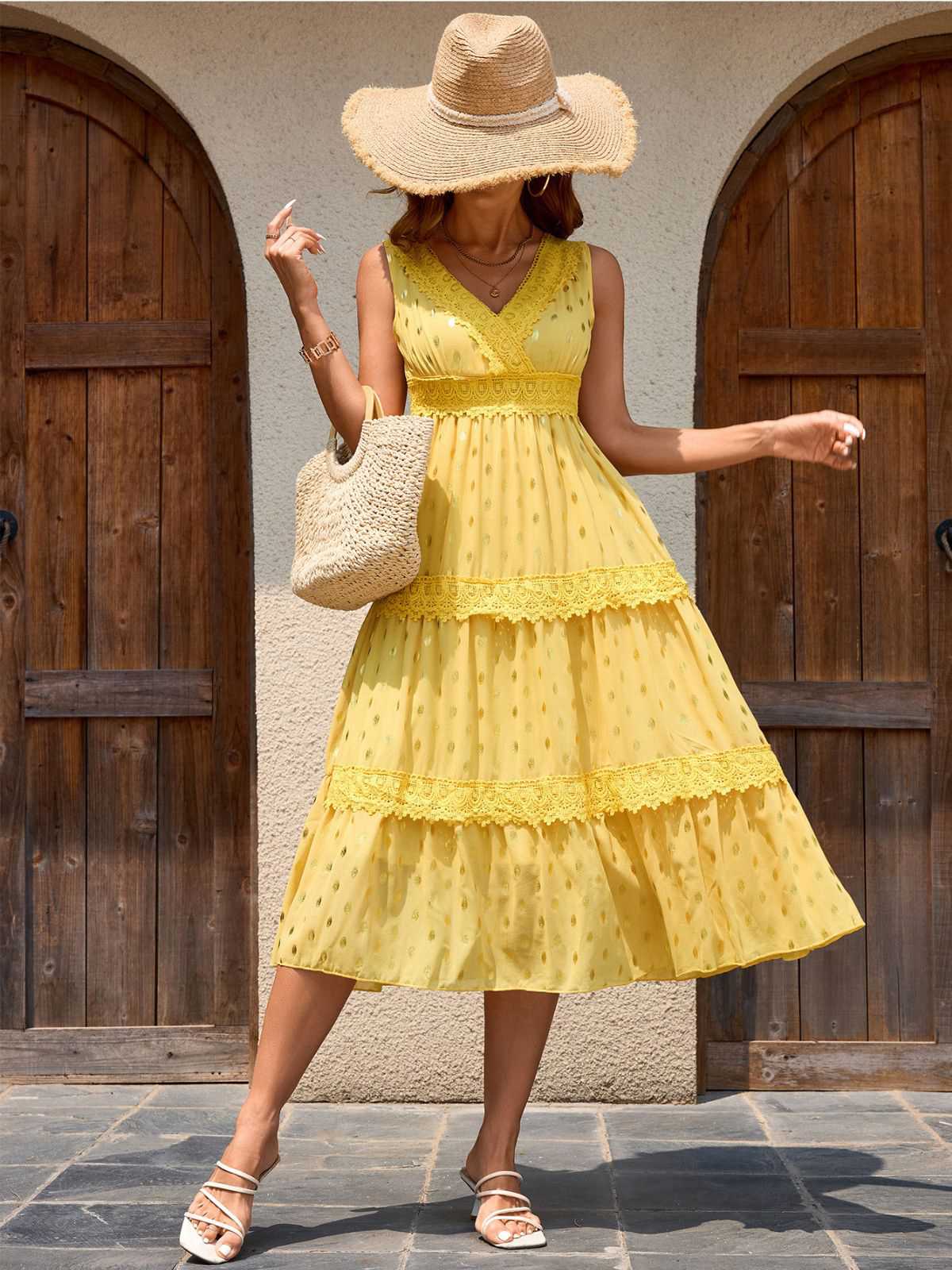 Yellow 1950s Lace Patchwork Polka Dots Dress - Image 4