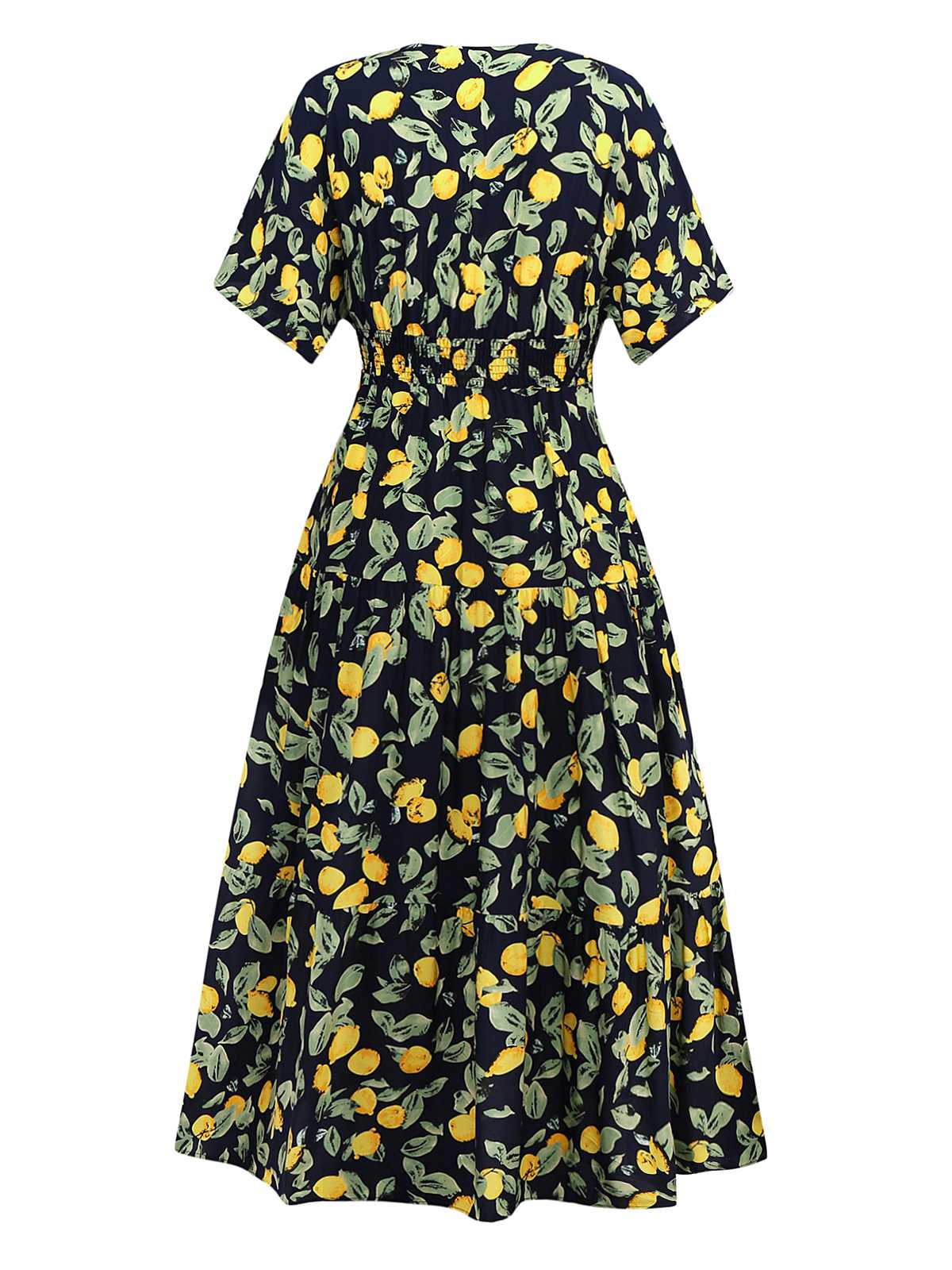 Yellow 1950s Lemon V-Neck Smocked Chiffon Dress - Image 2
