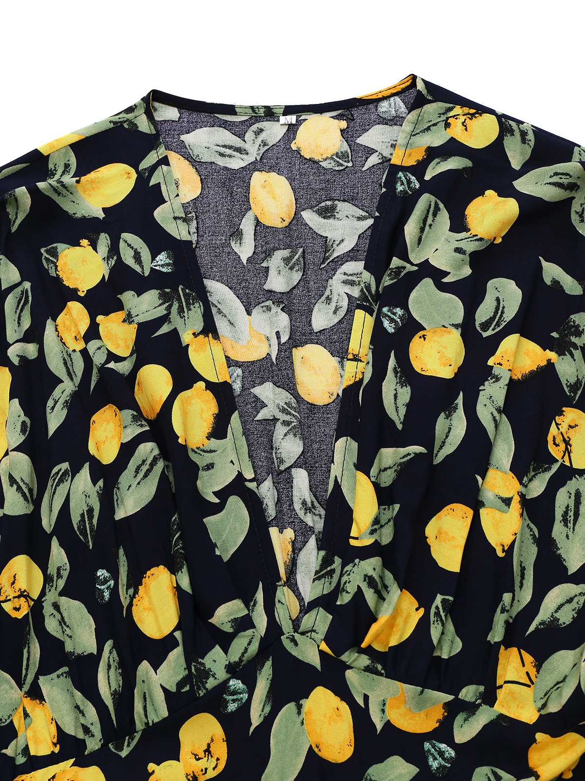 Yellow 1950s Lemon V-Neck Smocked Chiffon Dress - Image 3