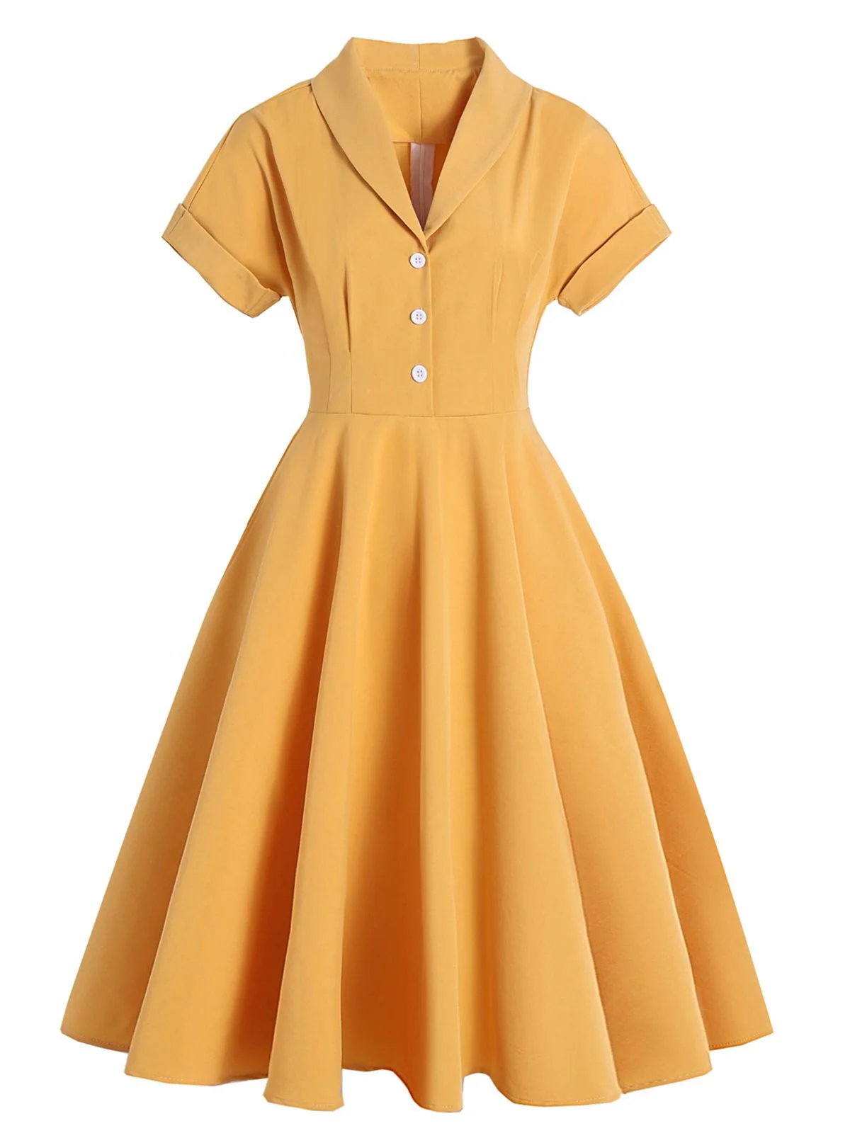 Yellow 1950s Solid Buttoned Swing Dress - Image 2