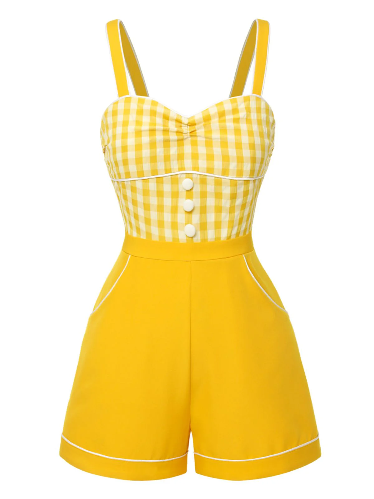 Yellow 1950s Spaghetti Strap Plaids Romper - Image 2