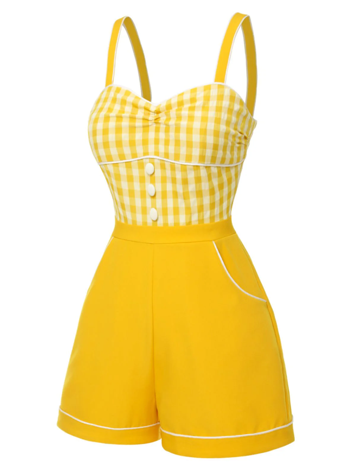 Yellow 1950s Spaghetti Strap Plaids Romper - Image 3