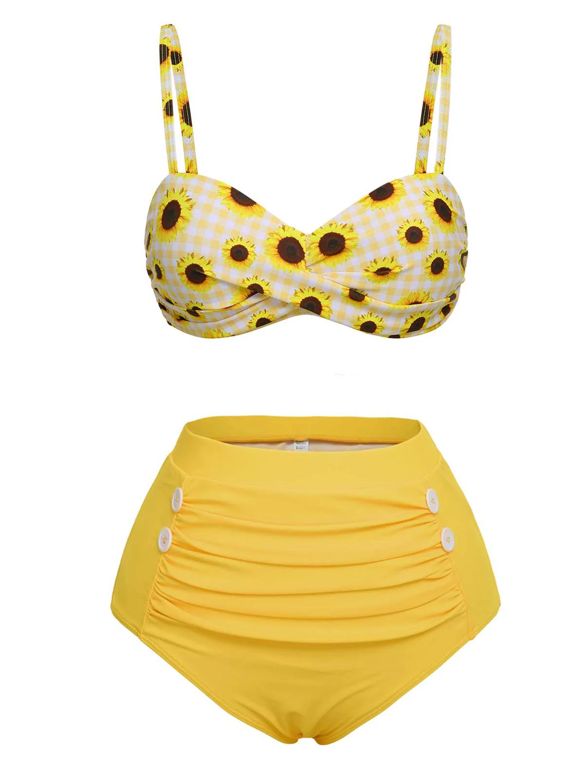 Yellow 1950s Spaghetti Strap Sunflower Plaids Swimsuit - Image 2