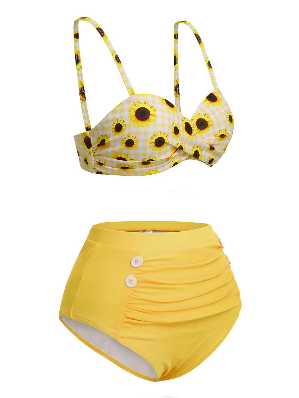Yellow 1950s Spaghetti Strap Sunflower Plaids Swimsuit - Image 3