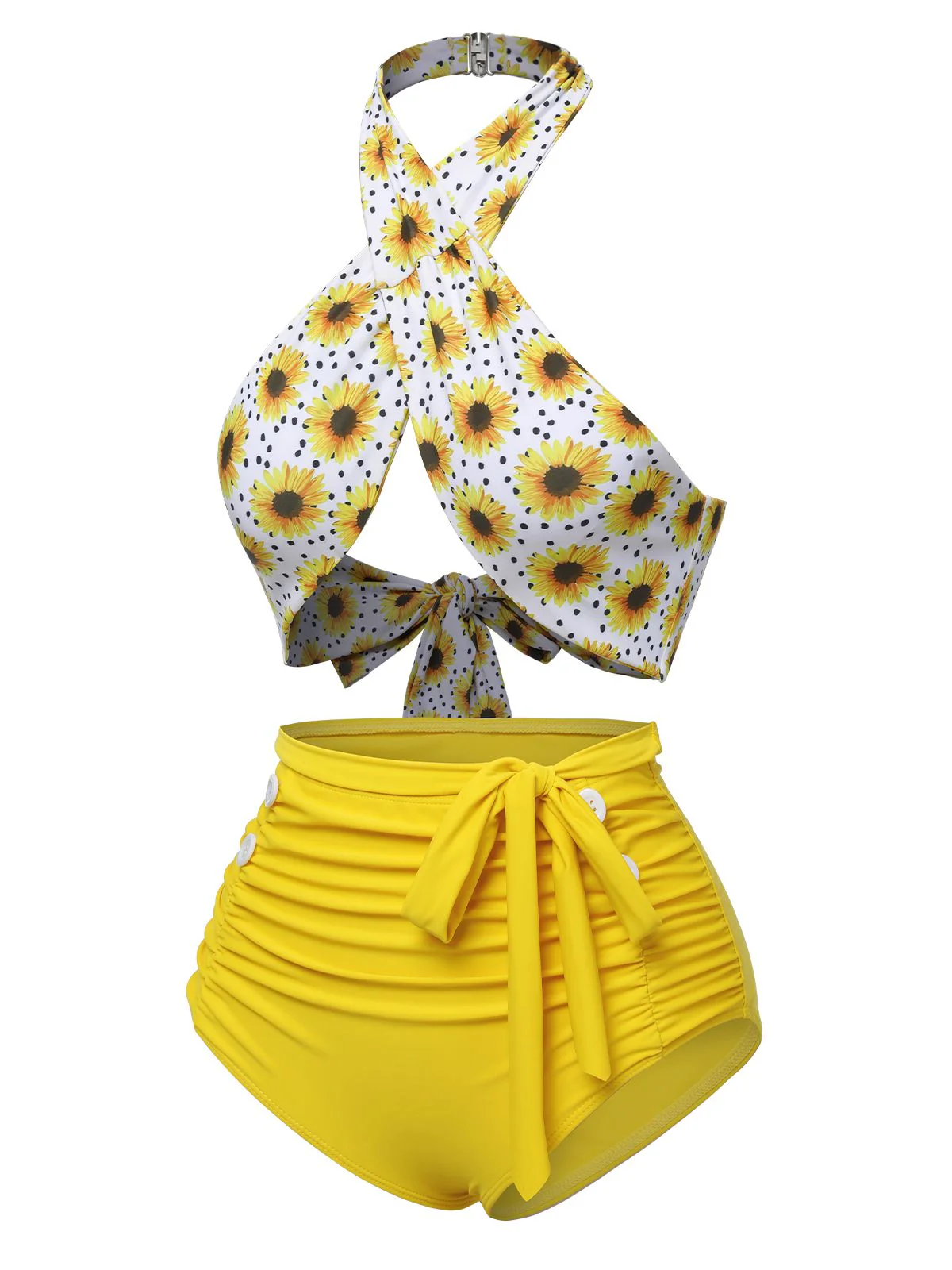 Yellow 1950s Sunflower Cross Halter Swimsuit - Image 3