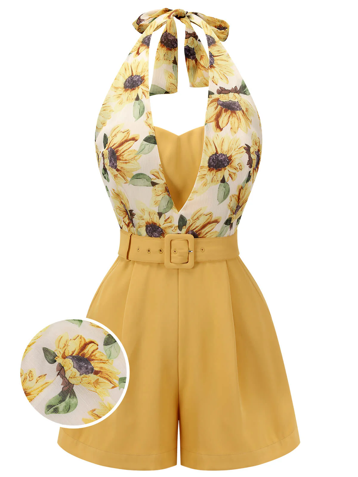 Yellow 1950s Sunflower Halter Romper - Image 4