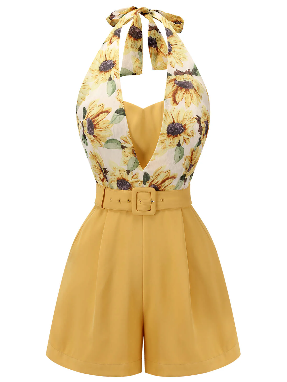 Yellow 1950s Sunflower Halter Romper - Image 6
