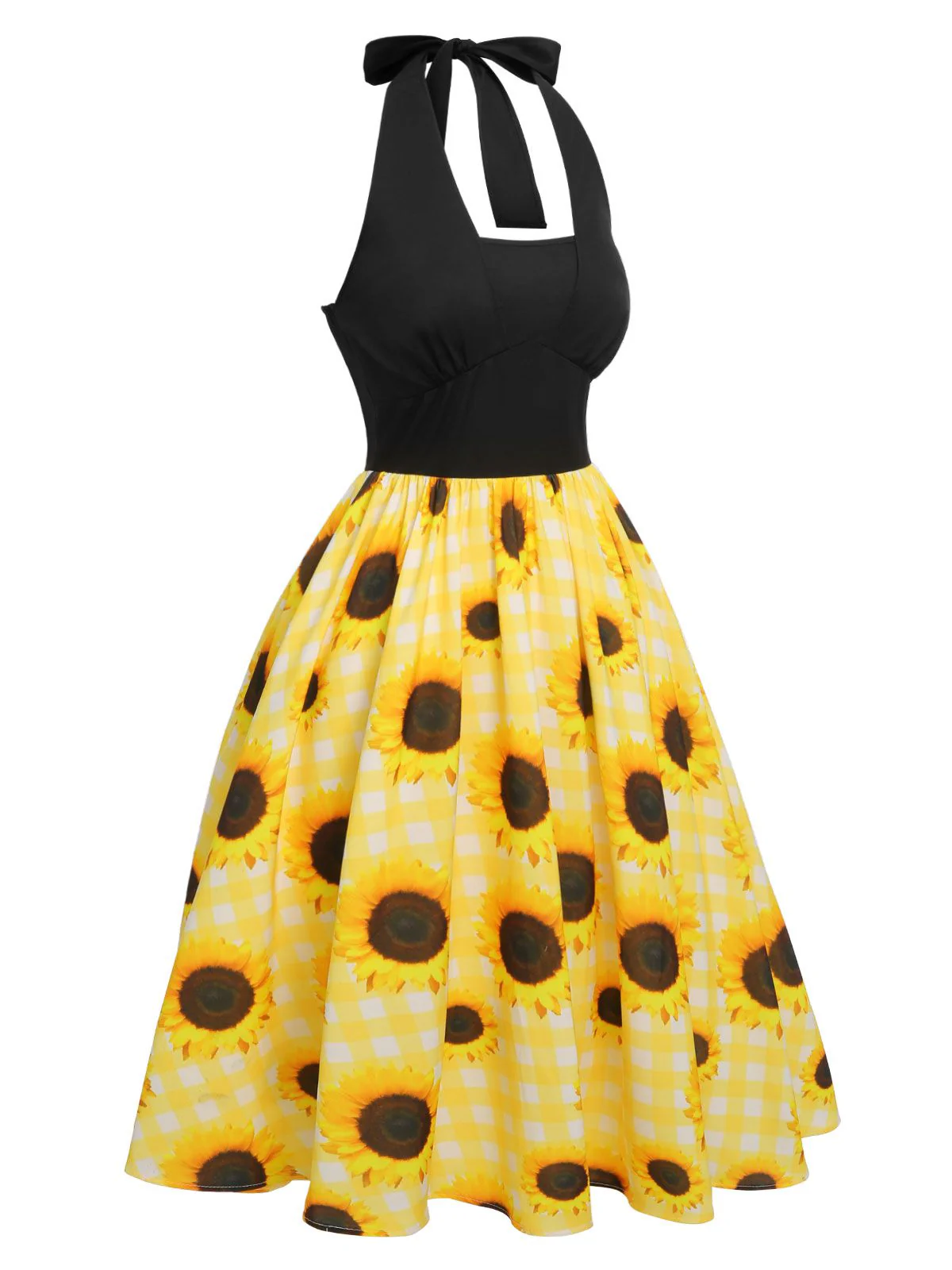 [Pre-Sale] Yellow 1950s Sunflower Plaid Halter Dress - Image 3