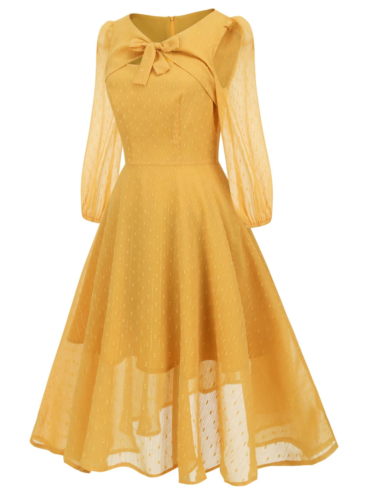Yellow 1950s Transparent Sleeve Patchwork Dress - Image 2