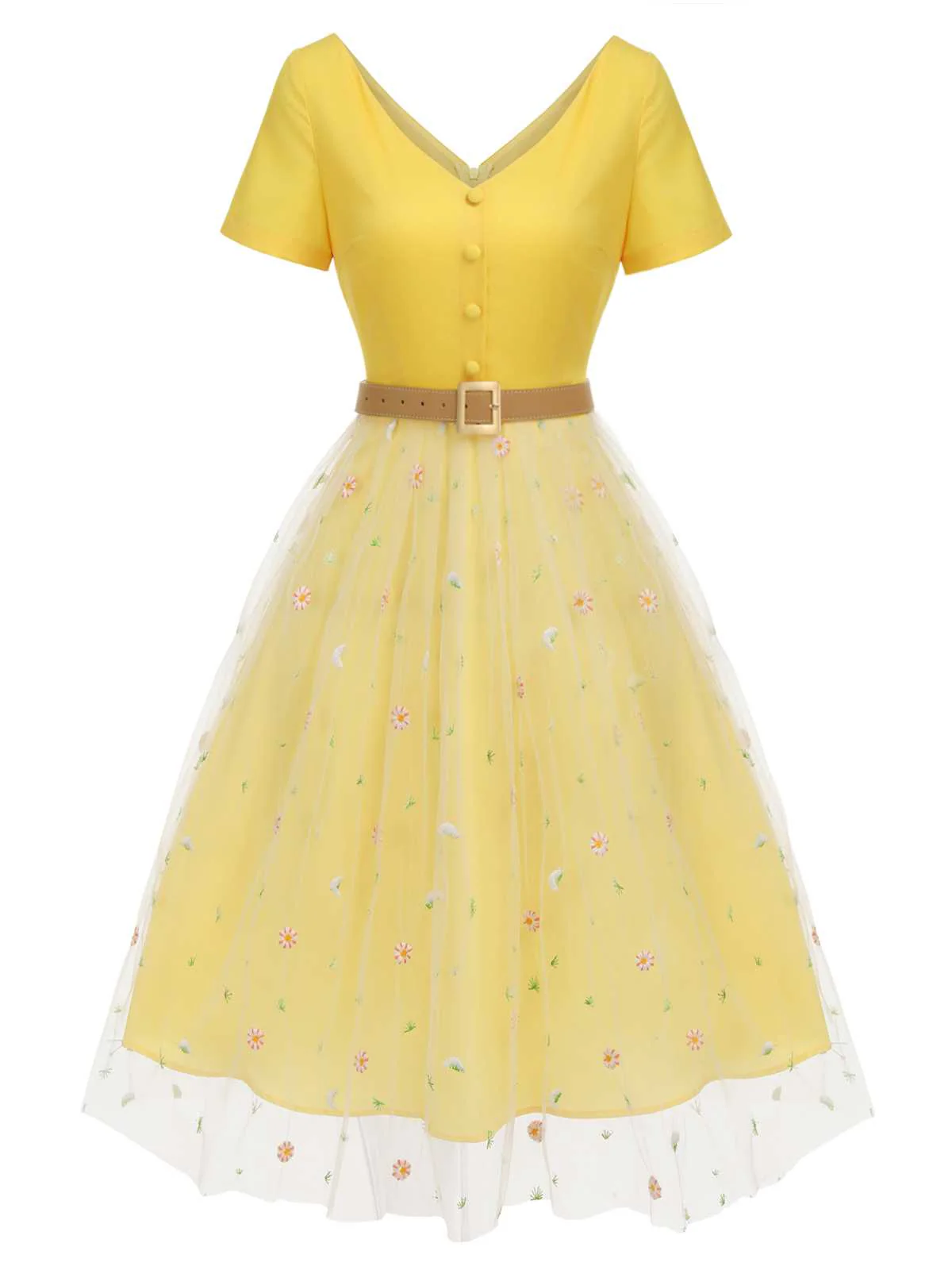 Yellow 1950s V-Neck Daisy Mesh Dress - Image 2