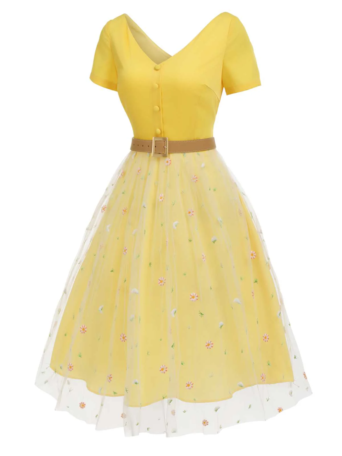 Yellow 1950s V-Neck Daisy Mesh Dress - Image 3