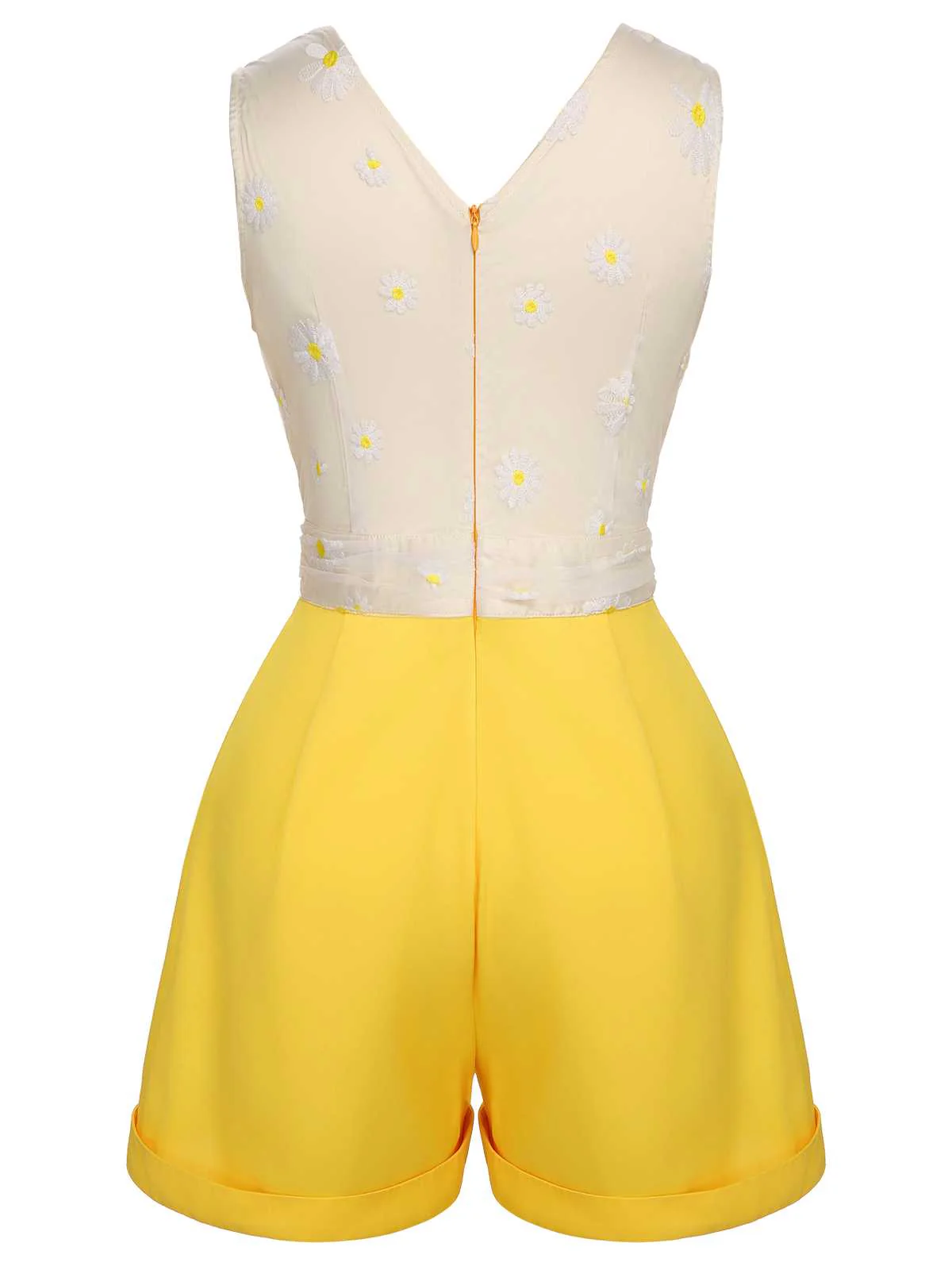 Yellow 1950s V-Neck Daisy Mesh Romper - Image 2