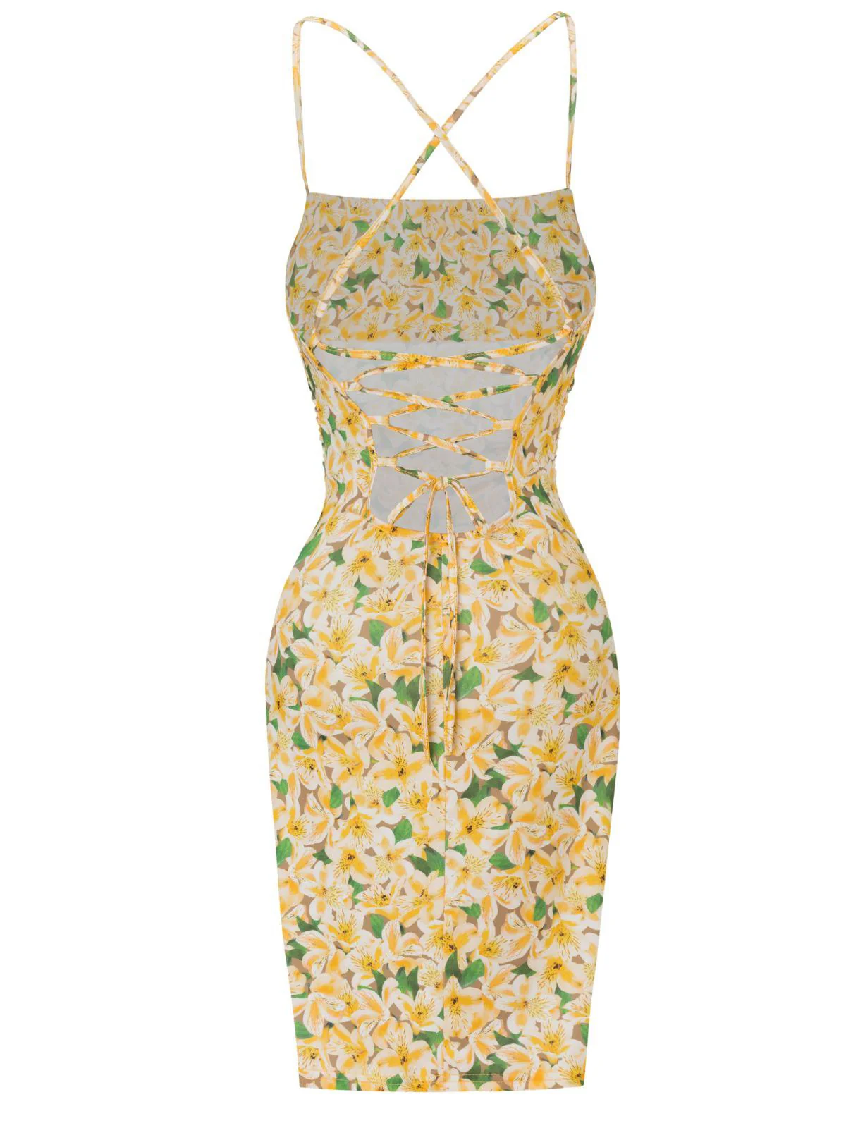Yellow 1960s Back Lace-Up Ruched Floral Dress - Image 2