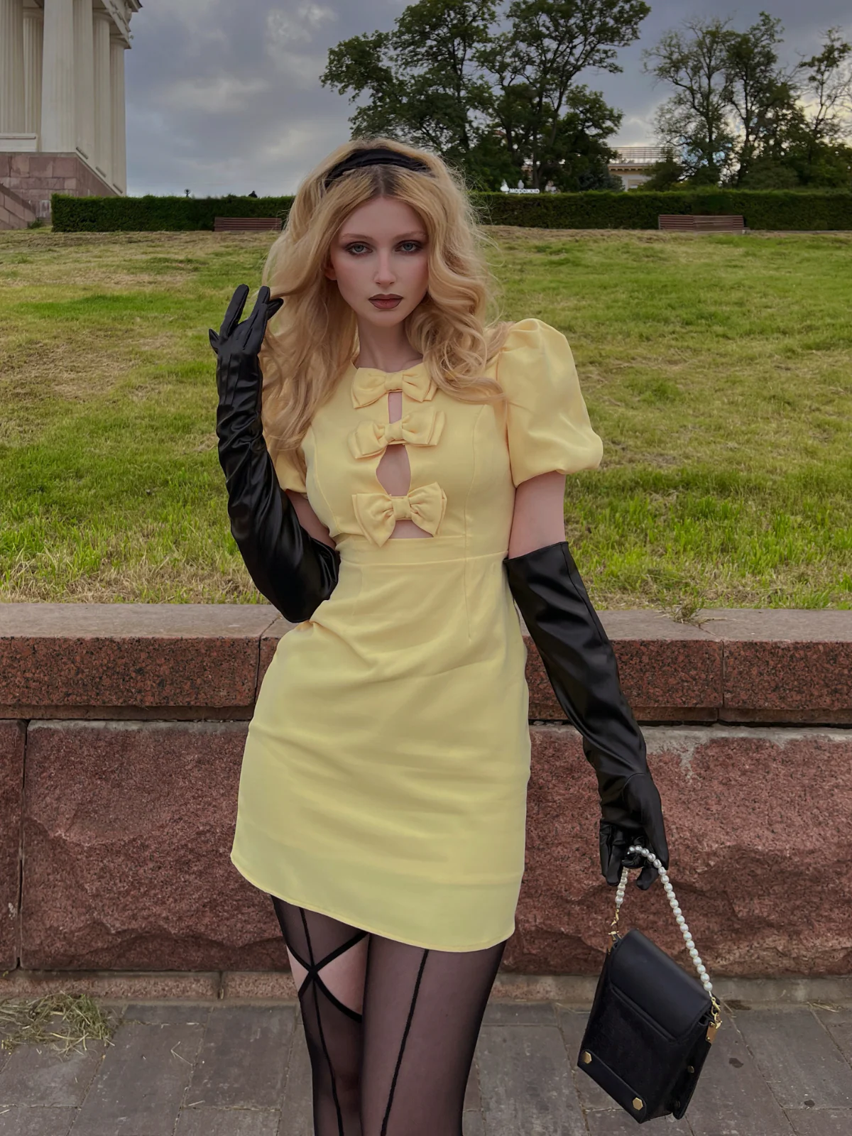 Yellow 1960s Bow Puff Sleeve Solid Dress - Image 2