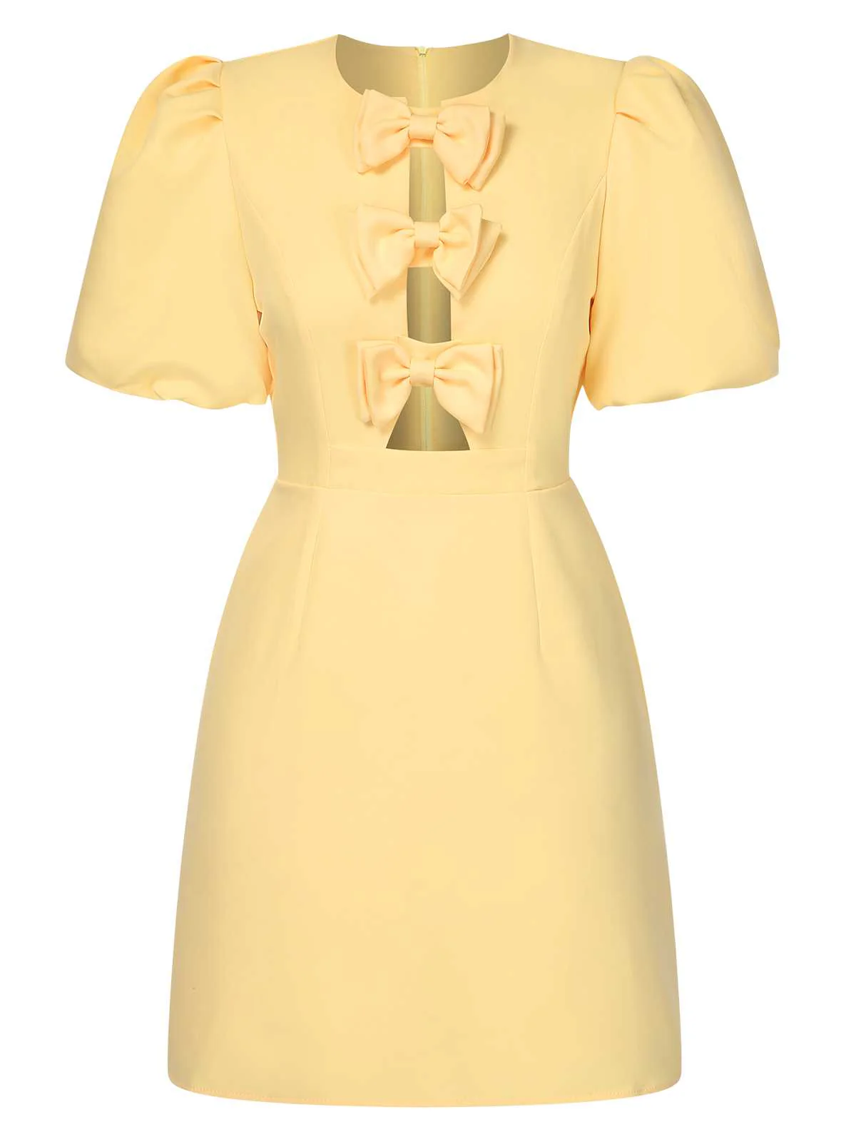 Yellow 1960s Bow Puff Sleeve Solid Dress - Image 2