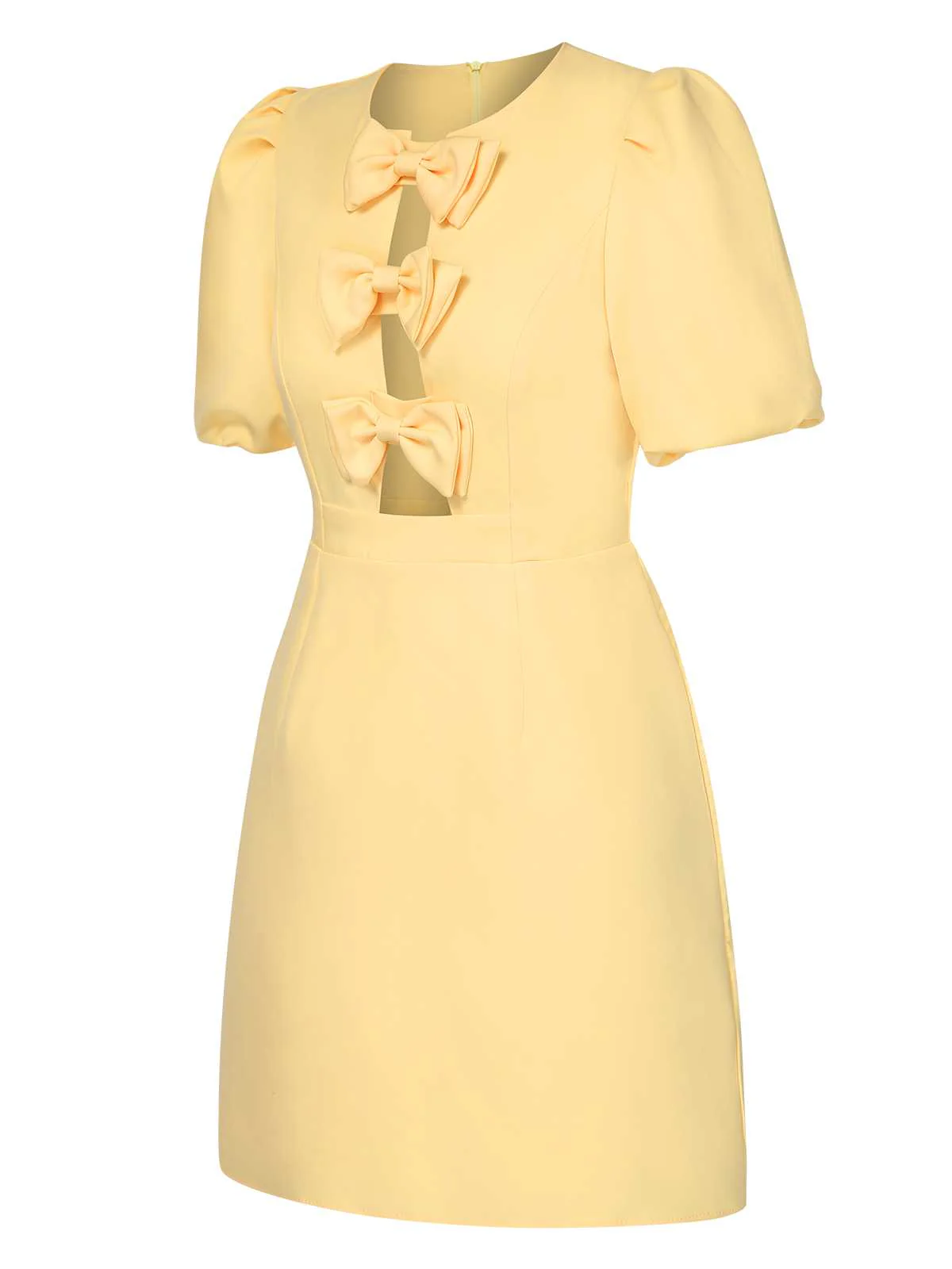 Yellow 1960s Bow Puff Sleeve Solid Dress - Image 4