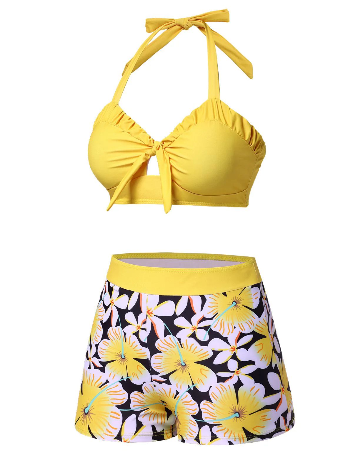 Yellow 1960s Floral Backless Halter Hollow Swimsuit - Image 2