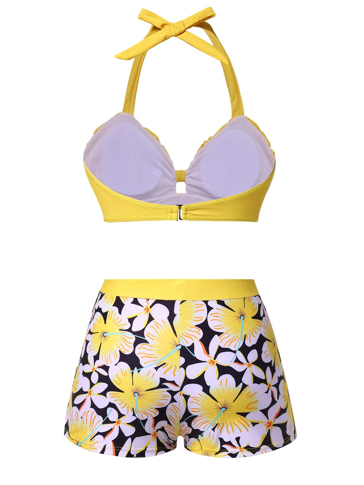 Yellow 1960s Floral Backless Halter Hollow Swimsuit - Image 3