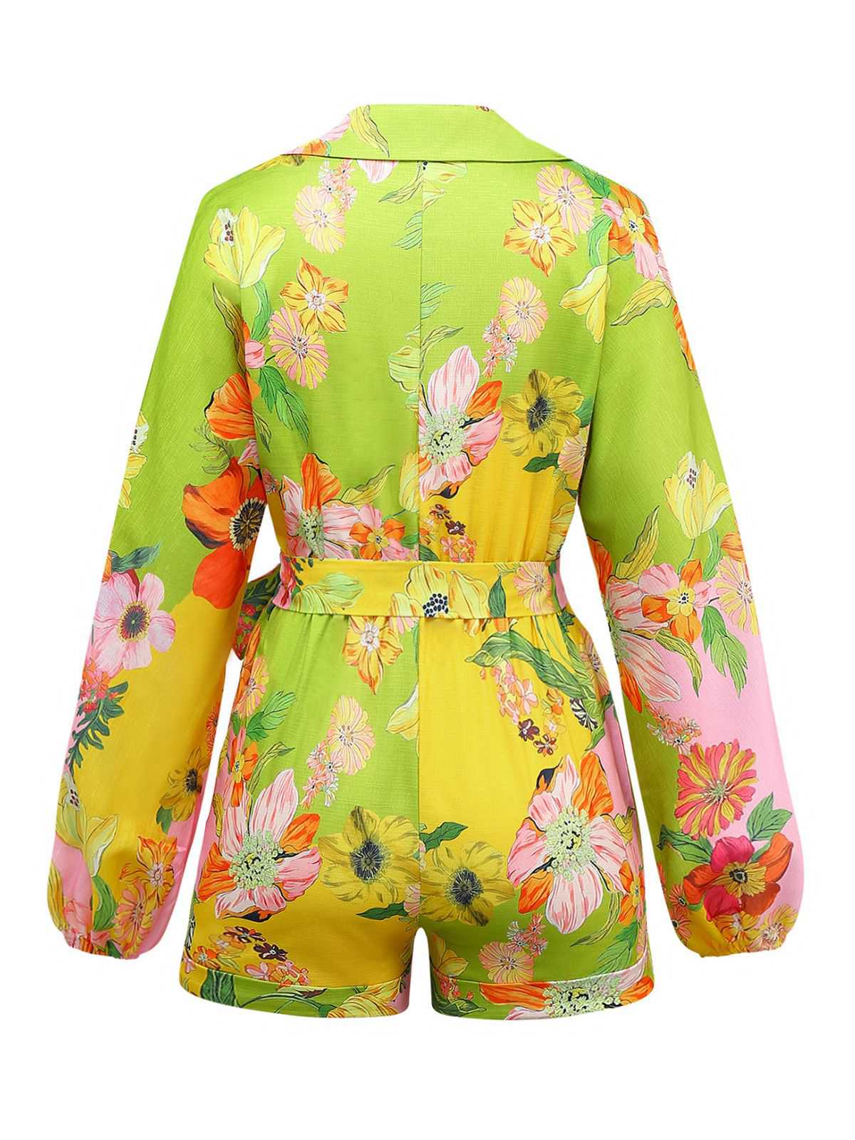 Yellow 1960s Floral Deep V-Neck Long Sleeves Romper - Image 2