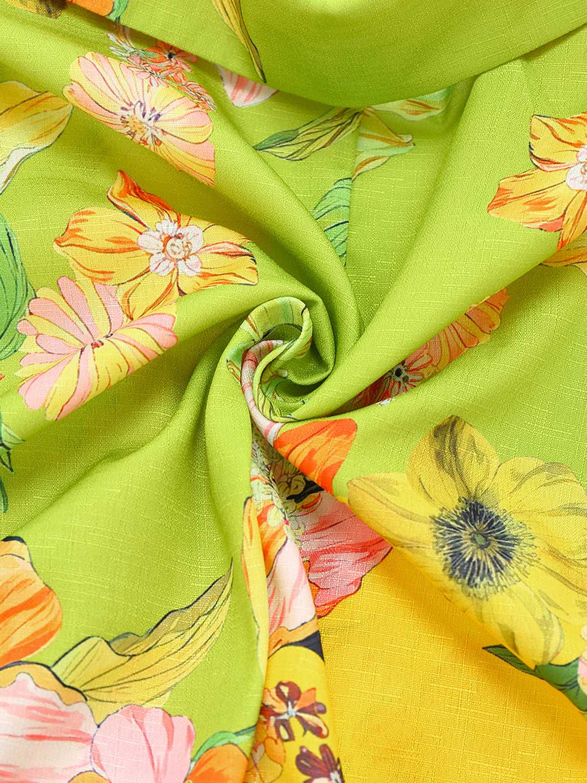 Yellow 1960s Floral Deep V-Neck Long Sleeves Romper - Image 5