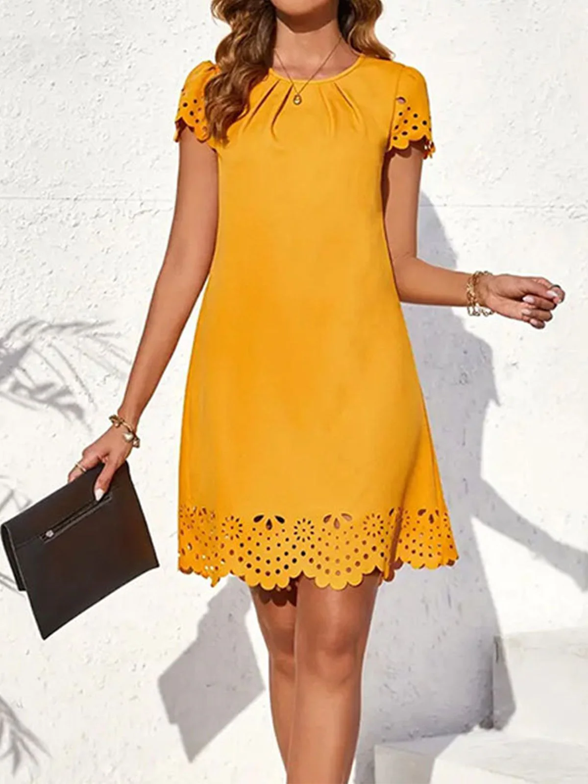 Yellow 1960s Hollow A-Line Solid Dress - Image 7